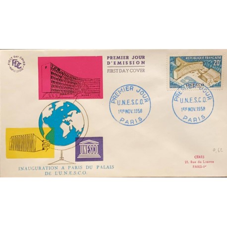 P) 1958 FRANCE, THE OPENING OF THE UNESCO HEADQUARTERS IN PARIS STAMP, FDC, COVER U.N.E.S.C.O, XF