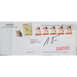 J) 2014 UNITED STATES, BEETLE BAILEY, CAT, DO NOT BEND, MULTIPLE STAMPS, AIRMAIL, CIRCULATED COVER, FROM USA TO ARGENTINA