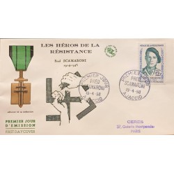 P) 1958 FRANCE, FDC, COVER OF LIBERATION MEDAL FRED SCAMARONI 1914-1943, HEROES OF THE RESISTANCE STAMP, XF