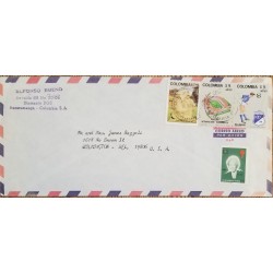 J) 1982 COLOMBIA, TB SEALS, FOOTBALL, MULTIPLE STAMPS, AIRMAIL, CIRCULATED COVER, FROM COLOMBIA TO USA