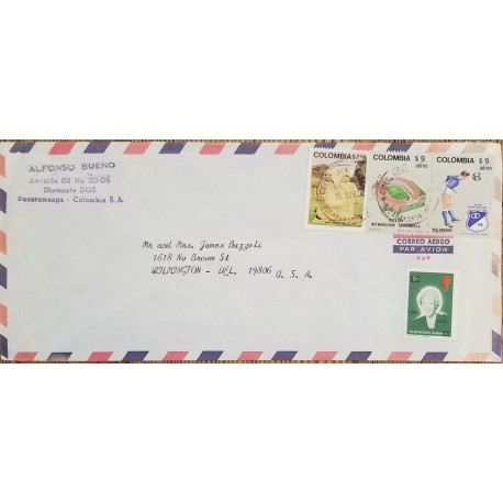 J) 1982 COLOMBIA, TB SEALS, FOOTBALL, MULTIPLE STAMPS, AIRMAIL, CIRCULATED COVER, FROM COLOMBIA TO USA
