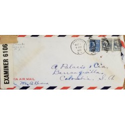 J) 1941 UNITED STATES, JAMES MONROE, MULTIPLE STAMPS, OPEN BY EXAMINER, AIRMAIL, CIRCULATED COVER, FROM USA TO COLOMBIA