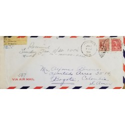 J) 1942 UNITED STATES, MULTIPLE STAMPS, OPEN BY EXAMINER, AIRMAIL, CIRCULATED COVER, FROM NEW YORK TO COLOMBIA