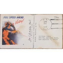 J) 1943 UNITED STATES, FULL SPEED AHEAD TO VICTORY, MULTIPLE STAMPS, FLAG, AIRMAIL, CIRCULATED COVER, FROM USA TO CALIFORNIA
