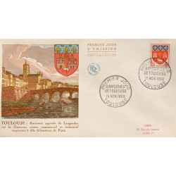 P) 1959 FRANCE, FDC, COAT OF ARM OF TOULOUSE STAMP, CAPITAL OF LANGUEDOC, COMMERCIAL AND INDUSTRIAL CENTER, XF