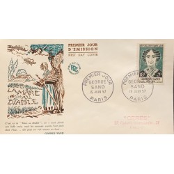 P) 1957 FRANCE, FDC, FAMOUS FRENCHMEN OF GEORGE SAND STAMP, NOVELIST FRENCH, THE DEVIL'S POOL, XF