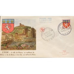 P) 1958 FRANCE, FDC, COAT OF ARM OF LYON STAMP, CITY OF FRANCE, XF