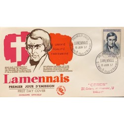 P) 1957 FRANCE, FDC, FAMOUS FRENCHMEN OF LAMENNAIS STAMP, LIBERTY EQUALITY FRATERNITY, XF