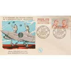 P) 1957 FRANCE, FDC, GOUJON AND ROZANOFF COMMEMORATION STAMP, PILOTS AERONAUTICS, XF