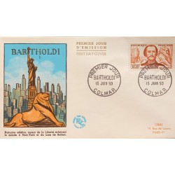 P) 1959 FRANCE, FDC, FAMOUS MEN OF BARTHOLDI STAMP, SCULPTOR, STATUE OF LIBERTY, LION, XF