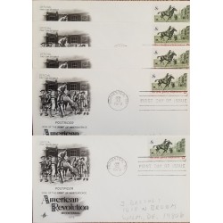 J) 1973 UNITED STATES, POSTRIDER RISE OF THE SPIRIT OF INDEPENDENCE AMERICAN REVOLUTION BICENTENNIAL, SET OF 5 FDC