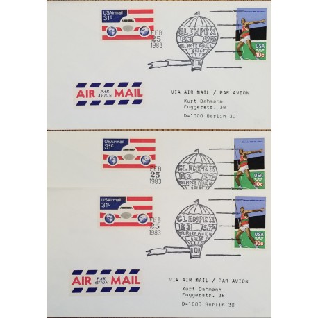 J) 1983 UNITED STATES, CLENPEX, FLAG, OLYMPIC GAMES, AIRMAIL, CIRCULATED COVER, FROM USA TO BERLIN, SET OF 3