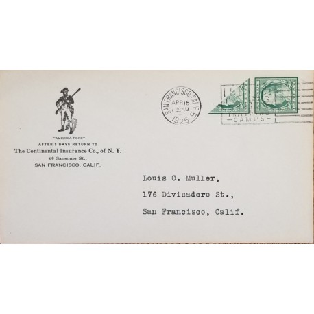 J) 1825 UNITED STATES, BISECTED, WASHINGTON, PAIR, WITH SLOGAN CANCELLATION, AIRMAIL, CIRCULATED COVER, FROM USA TO CALIFORNIA