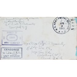 J) 1943 UNITED STATES, ARMY POSTAL SERVICE, PASSED BY ARMY EXAMINER, CENSORED UNIT CENSOR, CIRCULATED COVER