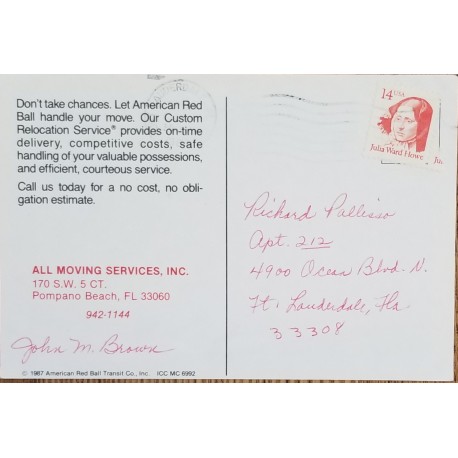 J) 1987 UNITED STATES, JULIA WARD HOWE, POSTCAR, AIRMAIL, CIRCULATED COVER, FROM USA TO HABANNA