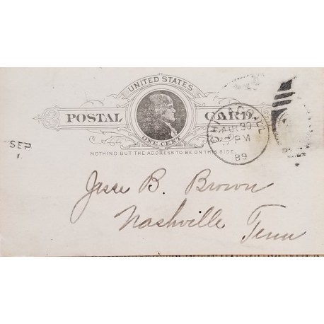 J) 1889 UNITED STATES, POSTCARD, CIRCULATED CANCELLATION FROM USA