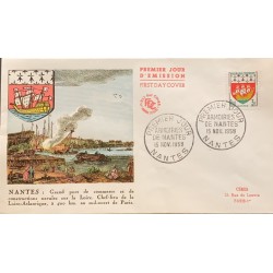 P) 1958 FRANCE, FDC, COATS OF ARMS MANTES STAMP, COMMERCIAL PORT, NAVELES CONSTRUCTIONS, XF