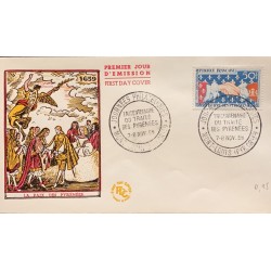P) 1959 FRANCE, FDC, 300TH ANNIVERSARY OF THE TREATY OF THE PYRÉNÉES STAMP, THE PEACE, XF