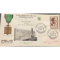 P) 1957 FRANCE, FDC, LIBERATION MEDAL, MONUMENT MEMORY, HEROES RESISTANCE JEAN MOULIN STAMP, XF