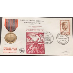P) 1959 FRANCE, FDC, MEDAL MARTIN BRET, HEROES OF THE RESISTANCE STAMP, GARDANNE, XF