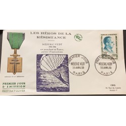 P) 1959 FRANCE, FDC, LIBERATION MEDAL, HEROES OF THE RESISTANCE OF MÉDÉRIC VEDY STAMP, XF
