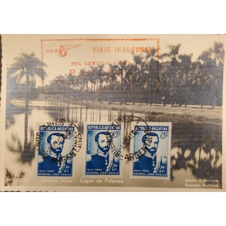 P) 1942 ARGENTINA, FIRST POSTAL FLIGHT PANAGRA, BUENOS AIRES PALERMO LAKE, GENERAL LAVALLE STAMP, AIRMAIL, XF