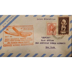 P) 1958 ARGENTINA, FIRST FLIGHT FROM BUENOS AIRES TO NEW YORK, GENERAL MARTÍN-ATLAS STATUE STAMPS, XF