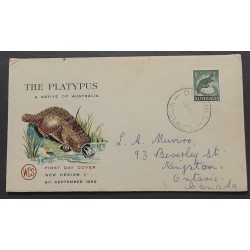 SP) 1959 AUSTRALIA, PLATYPUS NATIVE TO AUSTRALIA, ANIMAL, FDC, CIRCULATED TO CANADA, XF
