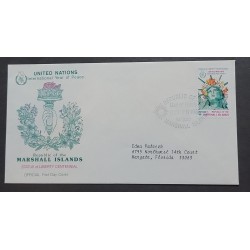 P) 1988 UNITED NATIONS, INTERNATIONAL YEAR PEACE MARSHALL ISLANDS FDC, STATUE LIBERTY CENTENNIAL, CIRCULATED TO FLORIDA