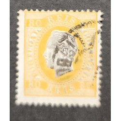 A) 1892 PORTUGAL, REY LUIS I. WITH THE CANCELLATION, YELLOW, 80REIS OVERLOAD, PERFORATION OF THE UPPER PART ON THE IMAGE, SC44