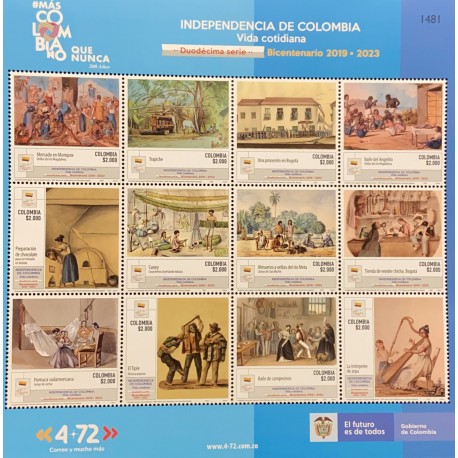 A) 2021 COLOMBIA, TWELFTH SERIES, EVERYDAY LIFE, MINI SHEET OF 12 STAMPS WITH MNH CONTROL NUMBER