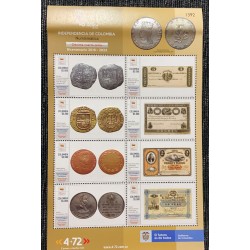 A) 2021 COLOMBIA, XIV SERIES, NUMISMATIC, BICENTENARIO, INDEPENDENCIA DE COLOMBIA, SHEET OF 5 STAMPS, MNH, CONTROL NUMBER