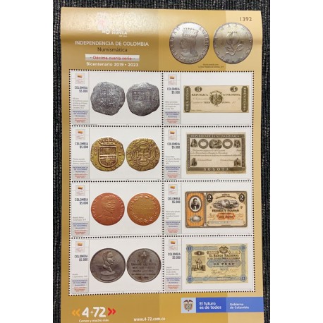 A) 2021 COLOMBIA, XIV SERIES, NUMISMATIC, BICENTENARIO, INDEPENDENCIA DE COLOMBIA, SHEET OF 5 STAMPS, MNH, CONTROL NUMBER