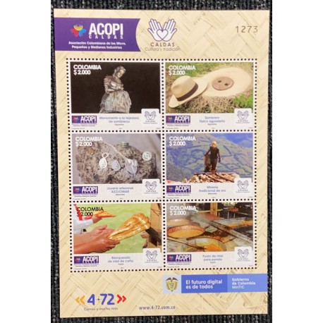 A) 2021 COLOMBIA, ACOPI CALDAS, SMALL INDUSTRIES, MINING, MONUMENTS, CRAFTSMANSHIP, SHEET OF 6 STAMPS, MNH
