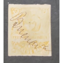 A) 1868 COLOMBIA, COAT OF ARMS, WITH CANCELLATION IN MANUSCRIPT BUENAVENTURA, YELLOW ORANGE, 5 CENTS, IMPERFORATED