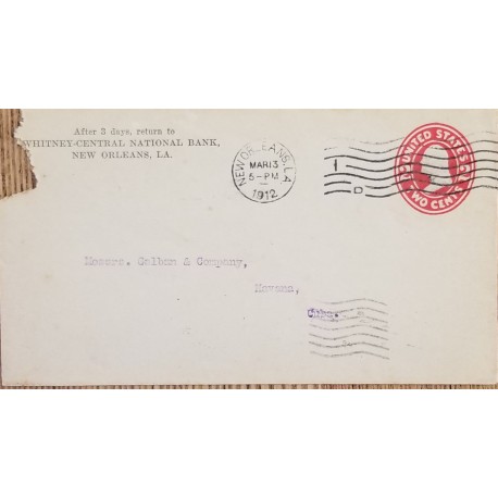 J) 1912 UNITED STATES, WASHINGTON, POSTAL STATIONARY, CIRCULATED COVER, FROM NEW ORLEANS TO HABANNA