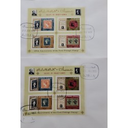 P) 1965 AJMAN UAE, TWO COMPLETE MINISHEET, CENTENARY EXHIBITION CATALOG LONDON, STAMP ON STAMP, MNH