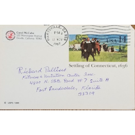 J) 1987 UNITED STATES, SETTLING OF CONNECTICUT, AIRMAIL, CIRCULATED COVER, FROM USA TO FLORIDA