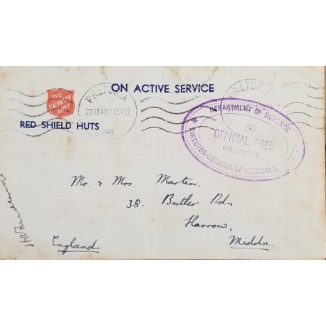 J) 1940 UNITED STATES, OFFICIAL FREE, RED SHIELD HUTS, ON ACTIVE SERVICE, REGISTERED, AIRMAIL, CIRCULATED