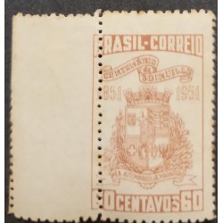 A) 1951 BRAZIL, COAT OF ARMS, CENTENNIAL OF THE CITY OF JOINVILLE, DISPLACED DRILLING