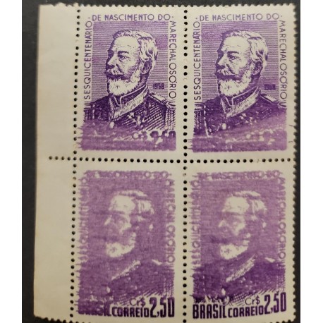 A) 1958 BRAZIL, BLURRED PRINT, ANNIVERSARY OF THE BIRTH OF MARSHAL OSORIO, VIOLET, BLOCK OF 4