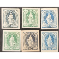 A) 1906 SWITZERLAND, HELVETIA SERIES OF 25 AND 40 FRANCO, DIFFERENT COLORS, IMPERFORATED, CARDBOARD PROOFS
