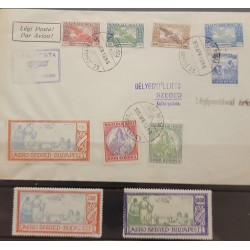 A) 1925 HUNGARY, ICARO, AEREOS, FIRST FLIGHT LABELS, COVER FROM BUDAPEST TO SZEGED, MULTIPLE POSTAGE, PLUS 2 LABELS