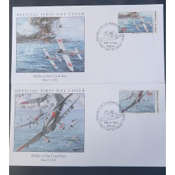 P) 1992 MARSHALL ISLANDS, BATTLE OF THE CORAL SEA FDC, HISTORY SECOND WORLD WAR, SET OF 2 COVERS, XF