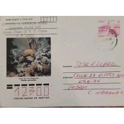 O) 1991 CARIBBEAN, SEAFOOD, LOS CANARREOS CORAL, PORITES ASTREOIDES, FISHING BOAT, POSTAL STATIONERY USED, XF
