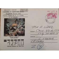 O) 1990 CARIBBEAN, SEAFOOD, LOS CANARREOS CORAL, PORITES ASTREOIDES, FISHING BOAT, POSTAL STATIONERY USED, XF