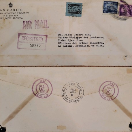 J) 1959 UNITED STATES, MONTICELLO, REGISTERED, AIRMAIL, CIRCULATED COVER, FROM FLORIDA TO CARIBE