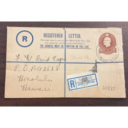 O) NEW ZEALAND, KING GEORGE V 4p, REGISTERED LETTER,  CIRCULATED POSTAL STATIONERY TO HONOLULU - HAWAII