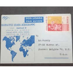 SP) 1962 INDONESIA, MAP EUROPE-PACIFIC AMERICA-AFRICA, IV ASIAN GAMES, AEROGRAM, CIRCULATED COVER TO NEW YORK USA, XF