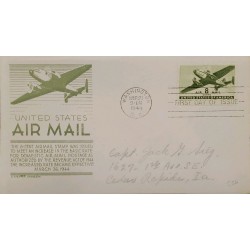J) 1944 UNITED STATES, AIRPLANE, THE 8 CENT AIRMAIL STAMP WAS ISSUED TO MEET AN INCREASE IN THE BASIC
